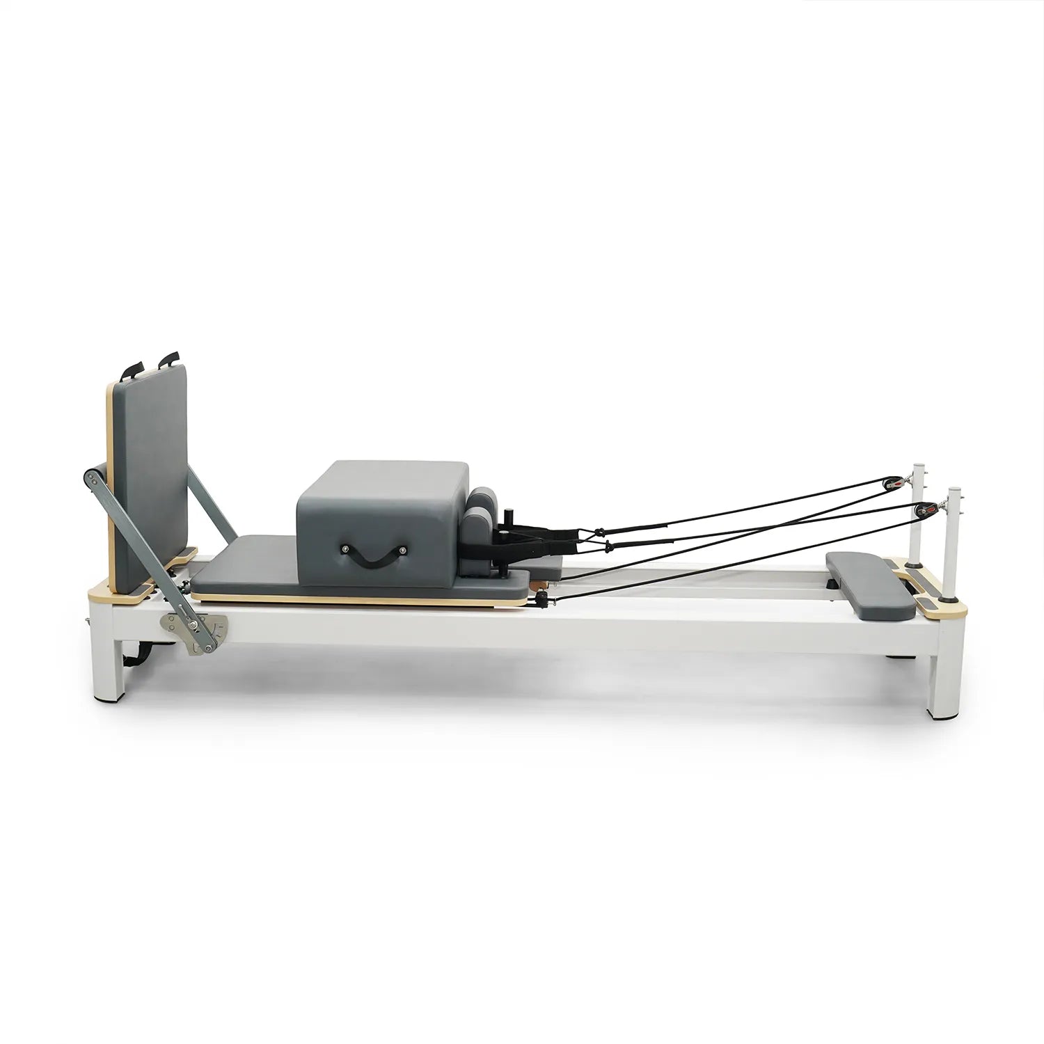 Sleek profile of Aluna aluminum pilates reformer, compact design for high-end home gyms.