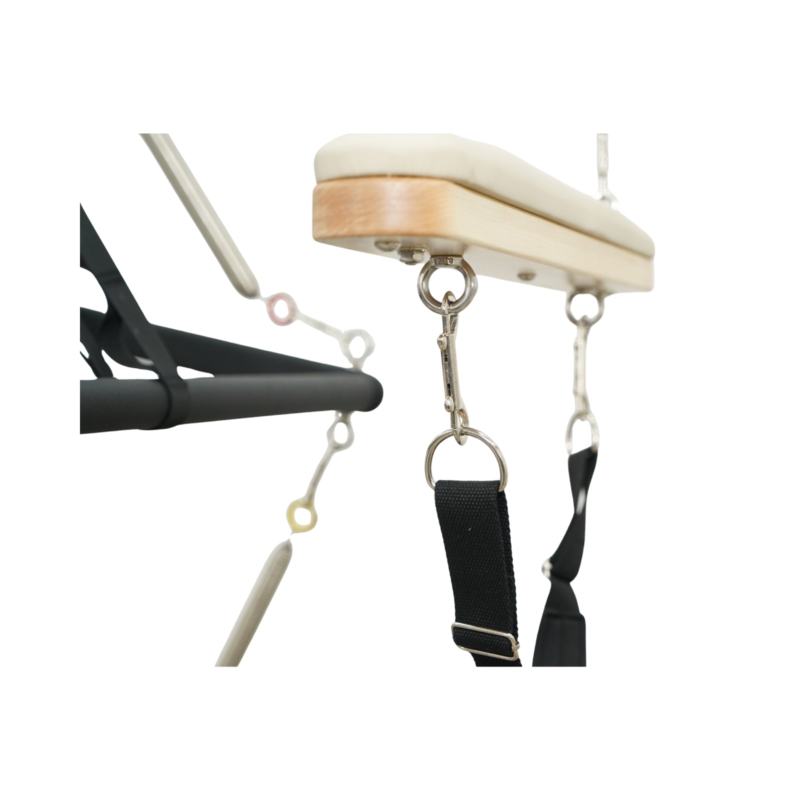 Soft wool fuzzy straps and adjustable hanging sliders on the stainless steel canopy of Timber Pro.