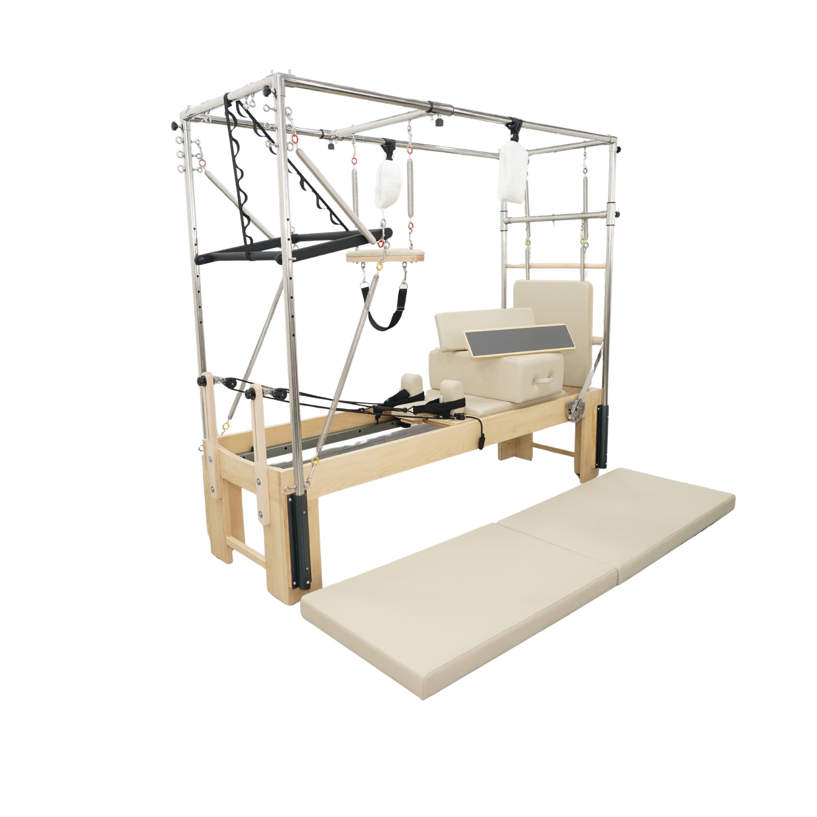 Wide-angle view of Timber Pro cadillac combo including mat converter, trapeze bar, and standing platform.