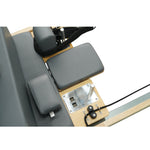 Top down view of Grove oak reformer carriage and headrest, high-density padding for maximum comfort.