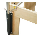 Reinforced steel corner bracket connecting the maple frame and trapeze tower for maximum stability.