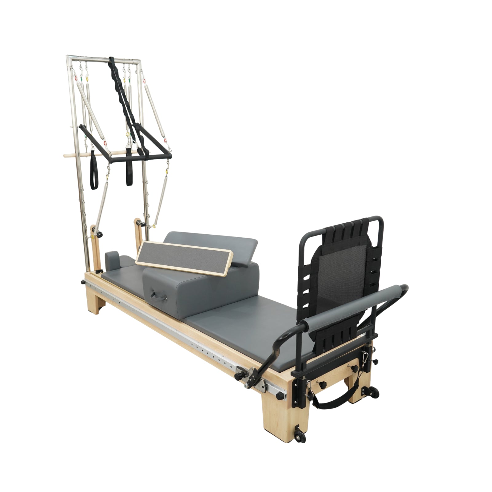 Timber Plus pilates reformer with tower, featuring handcrafted maple wood frame and adjustable resistance springs.