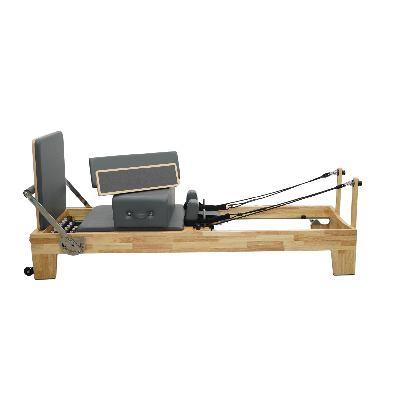 Side profile of Grove oak wood reformer showcasing the solid timber frame and sleek carriage design.