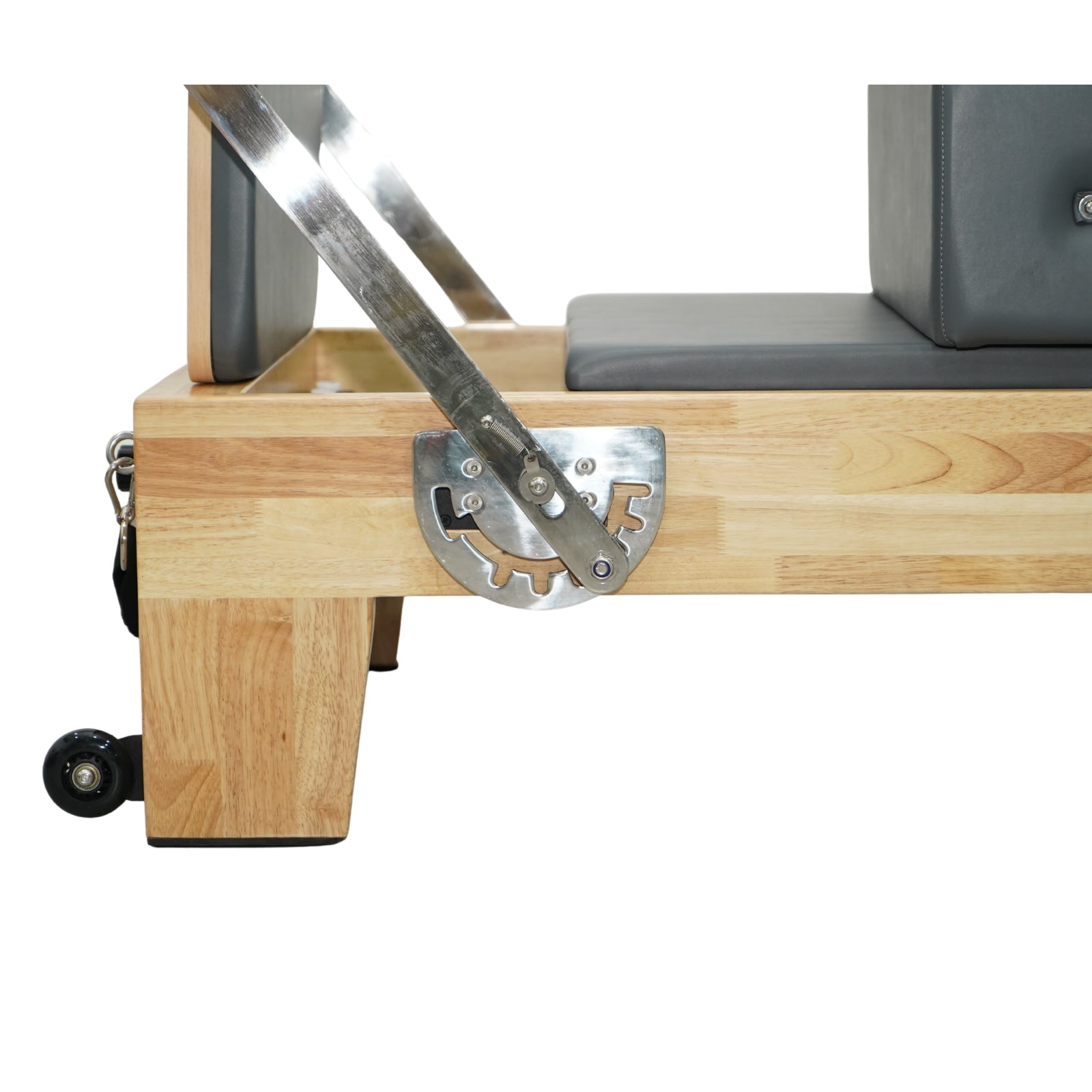 Stainless steel hardware and adjustment mechanism on Grove oak reformer, precision engineering.
