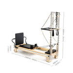 Detailed dimensions of Timber Plus maple master reformer with tower, showing full height and length in mm.
