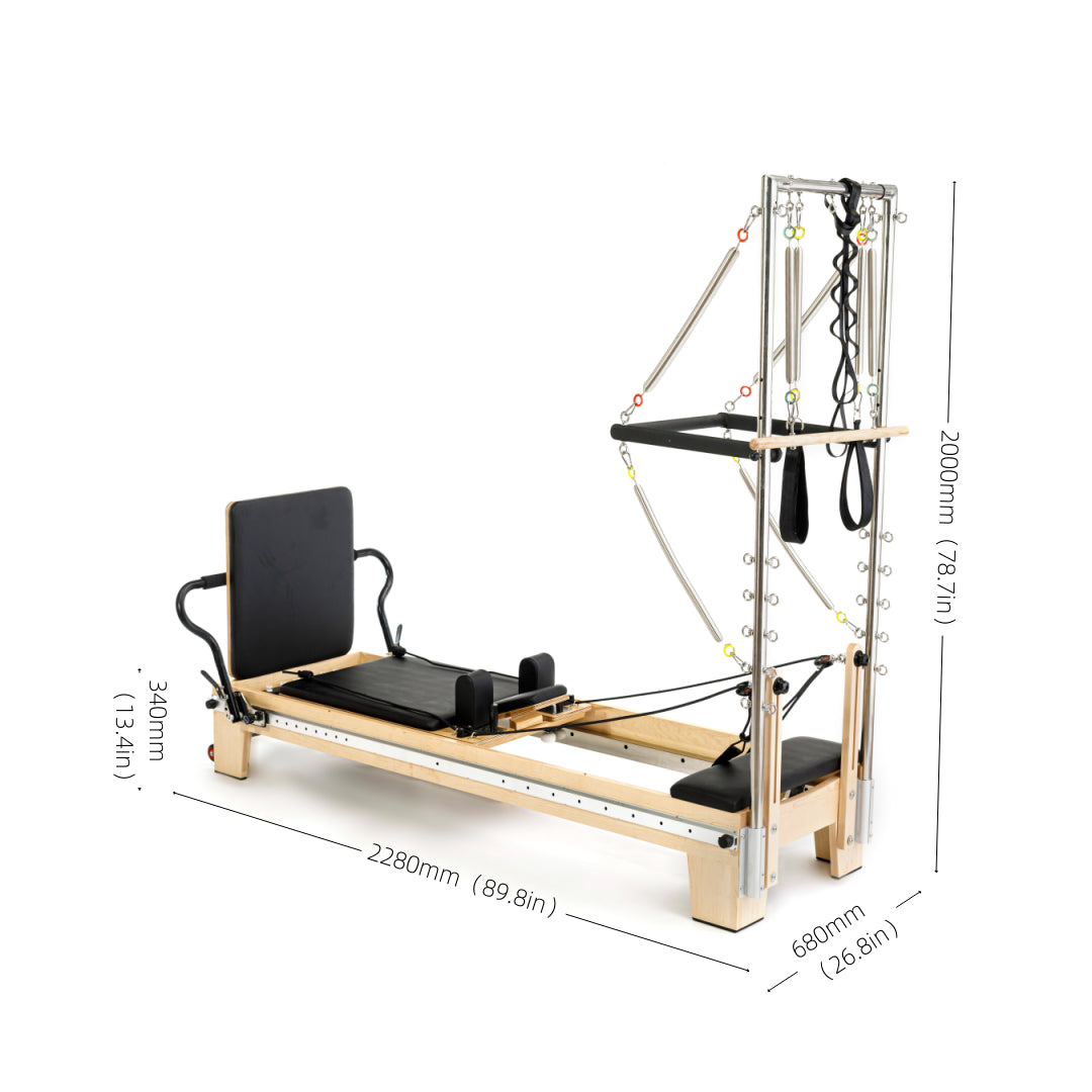 Detailed dimensions of Timber Plus maple master reformer with tower, showing full height and length in mm.