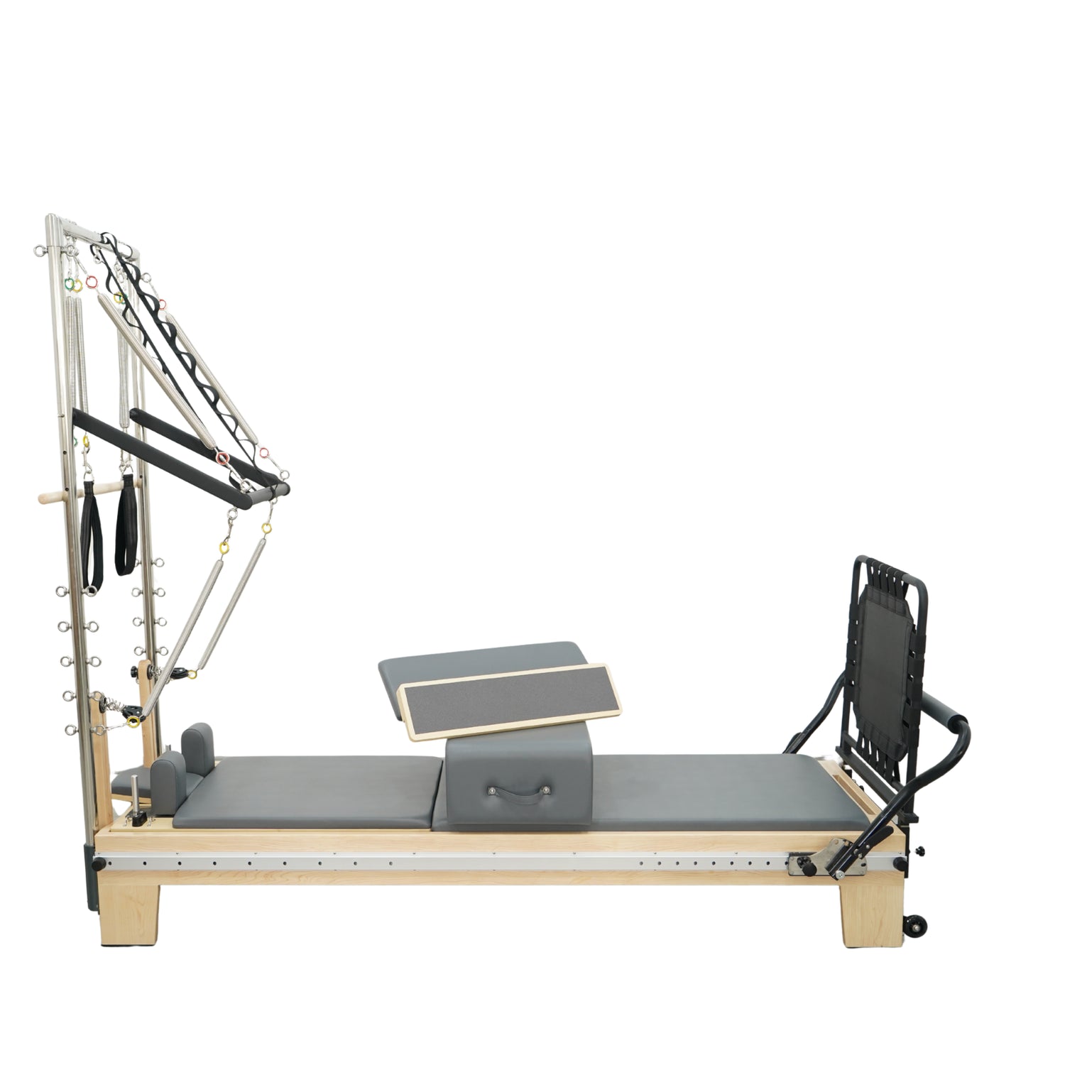 Timber Plus maple wooden master pilates reformer with stainless steel half tower and grey upholstery, professional studio grade equipment.