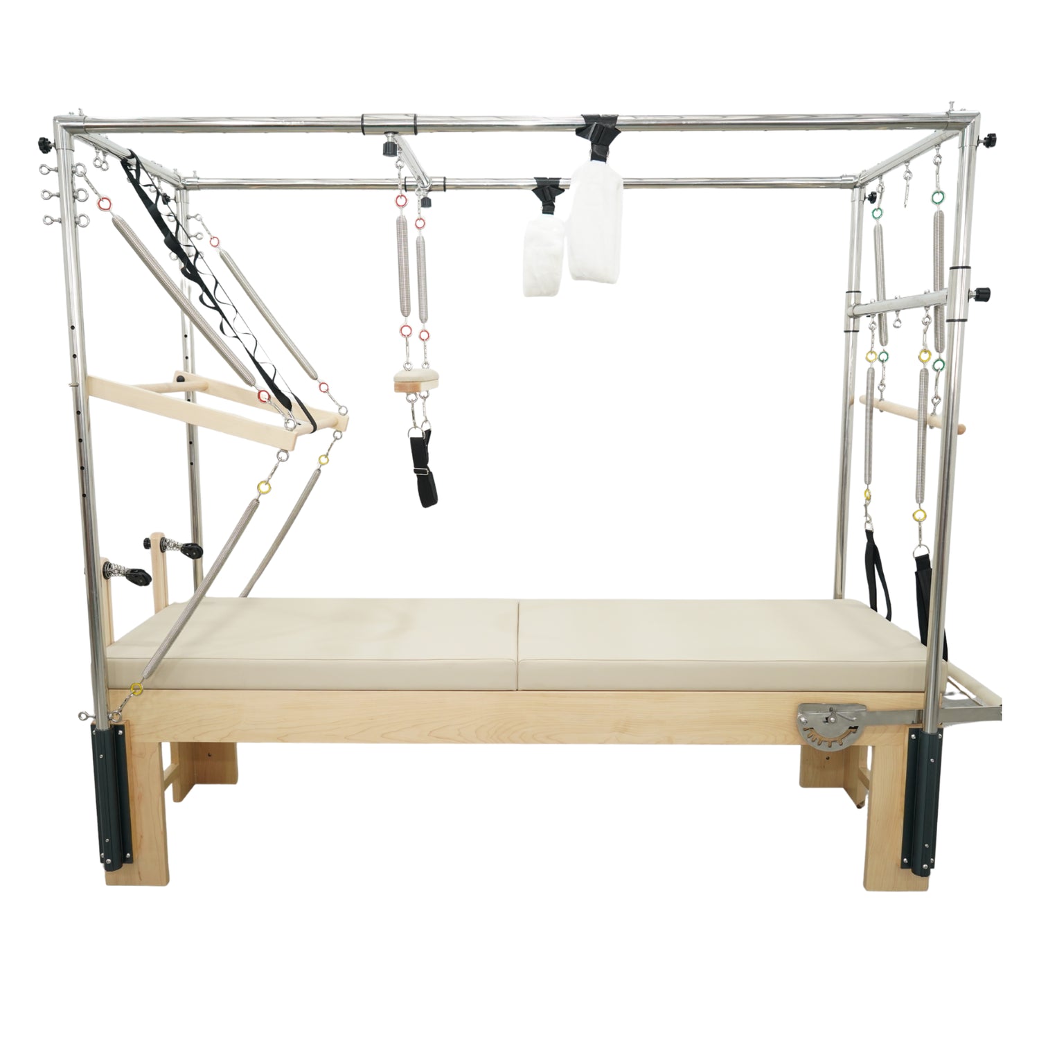 Timber Pro 3-in-1 maple wood pilates cadillac reformer combo with stainless steel trapeze tower and cream upholstery.