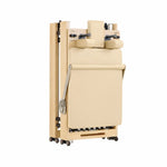 Nestor maple wood reformer folded in a minimalist warm-toned room, luxury fitness furniture for modern homes.